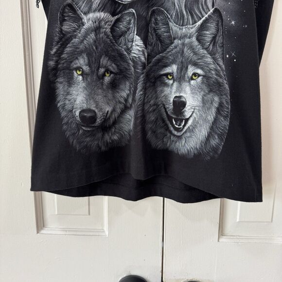 Double Side Wolf Print Black Shirt Fringe Chain Sleeves By Avion En Papier RARE - Picture 5 of 12